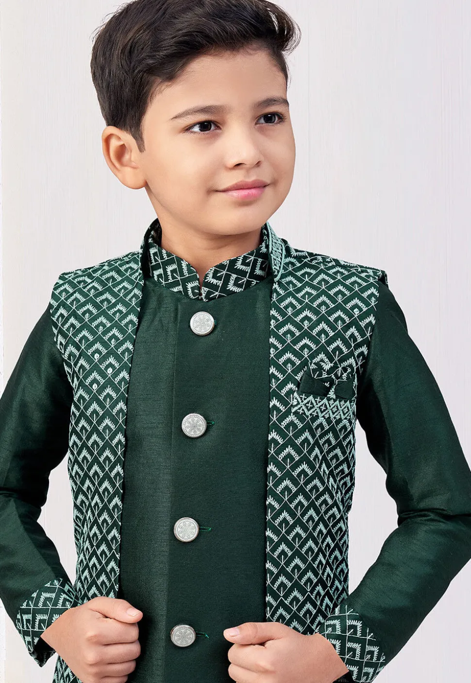 Embroidered Art Silk Sherwani in Dark Green