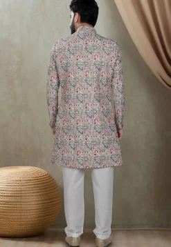 Embroidered Art Silk Sherwani in Off White