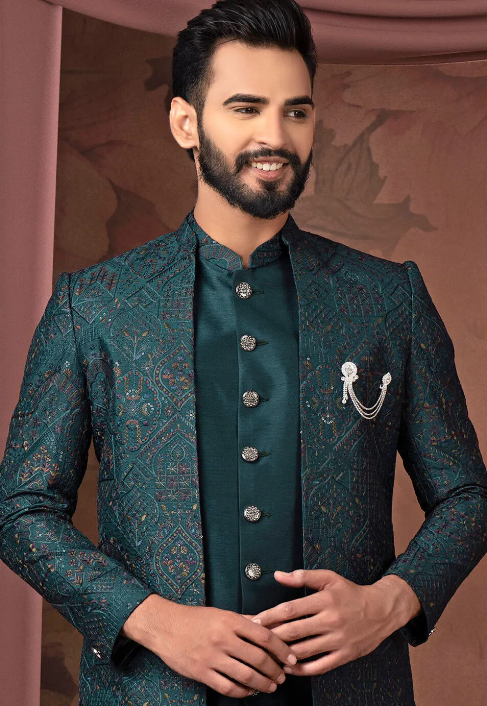 Embroidered Art Silk Sherwani in Dark Teal Green