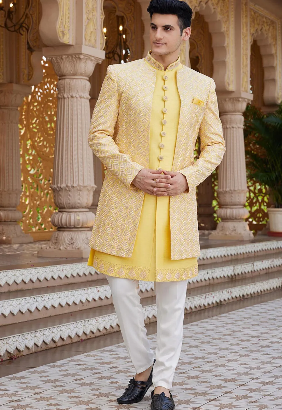 Embroidered Art Silk Sherwani in Yellow