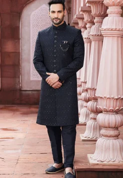 Embroidered Art Silk Sherwani in Black