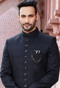 Embroidered Art Silk Sherwani in Black