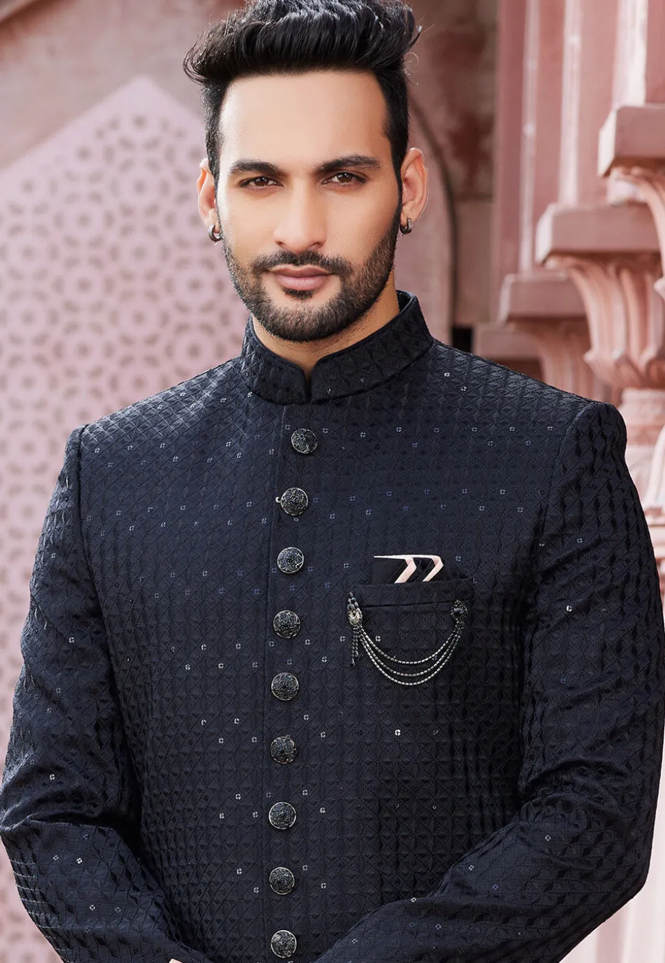 Embroidered Art Silk Sherwani in Black