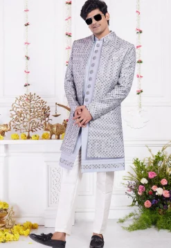 Embroidered Art Silk Sherwani in Grey