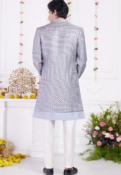 Embroidered Art Silk Sherwani in Grey