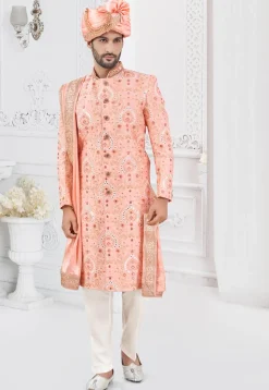 Embroidered Art Silk Sherwani in Peach