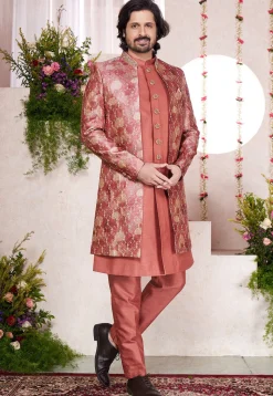 Embroidered Art Silk Sherwani in Orange