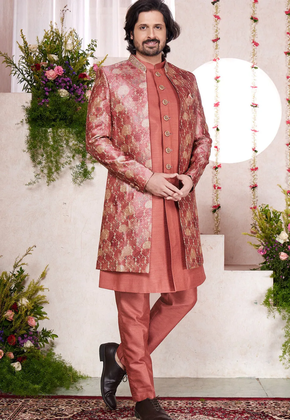 Embroidered Art Silk Sherwani in Orange