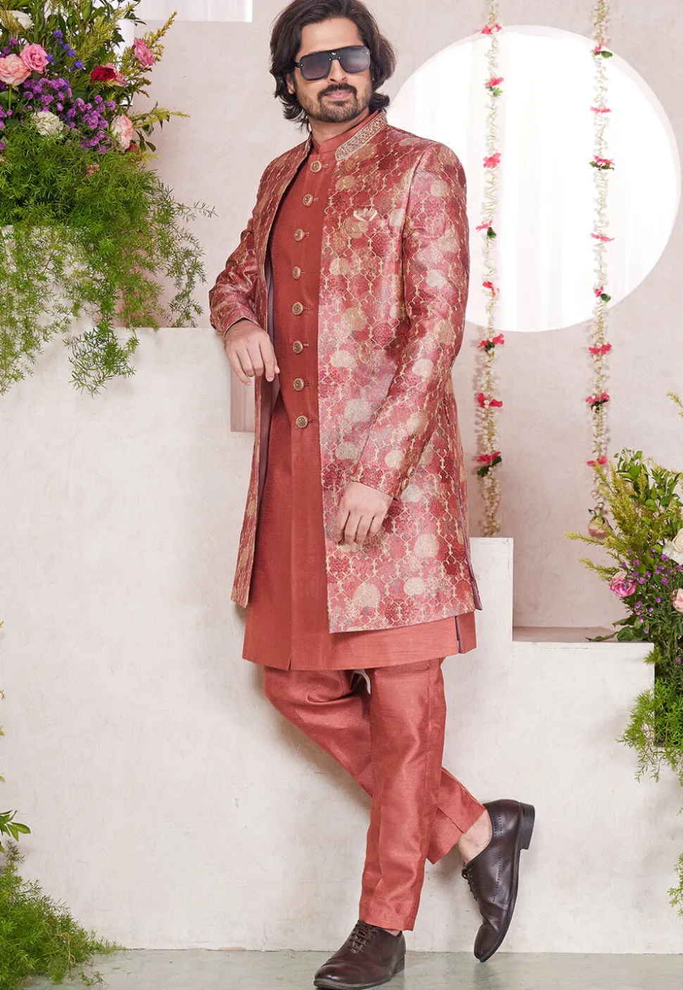 Embroidered Art Silk Sherwani in Orange