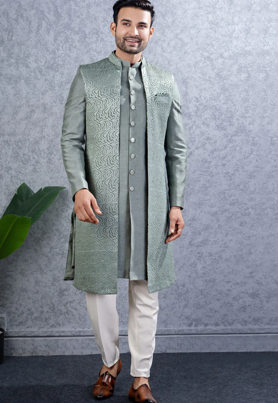 Embroidered Art Silk Sherwani in Dusty Green