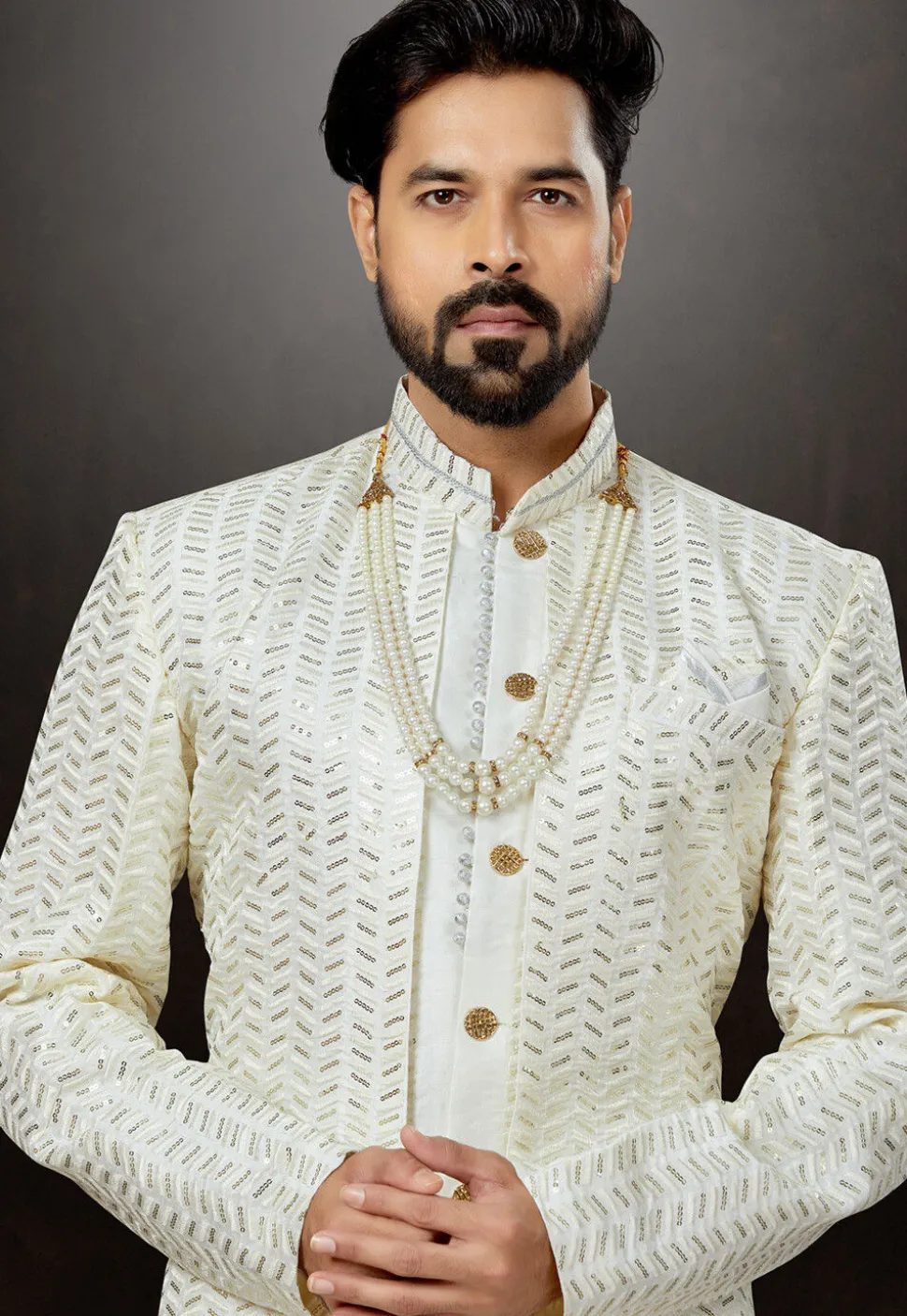 Embroidered Art Silk Sherwani in Off White