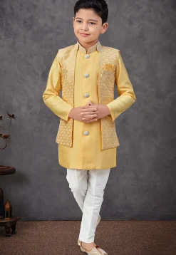 Embroidered Art Silk Sherwani in Yellow