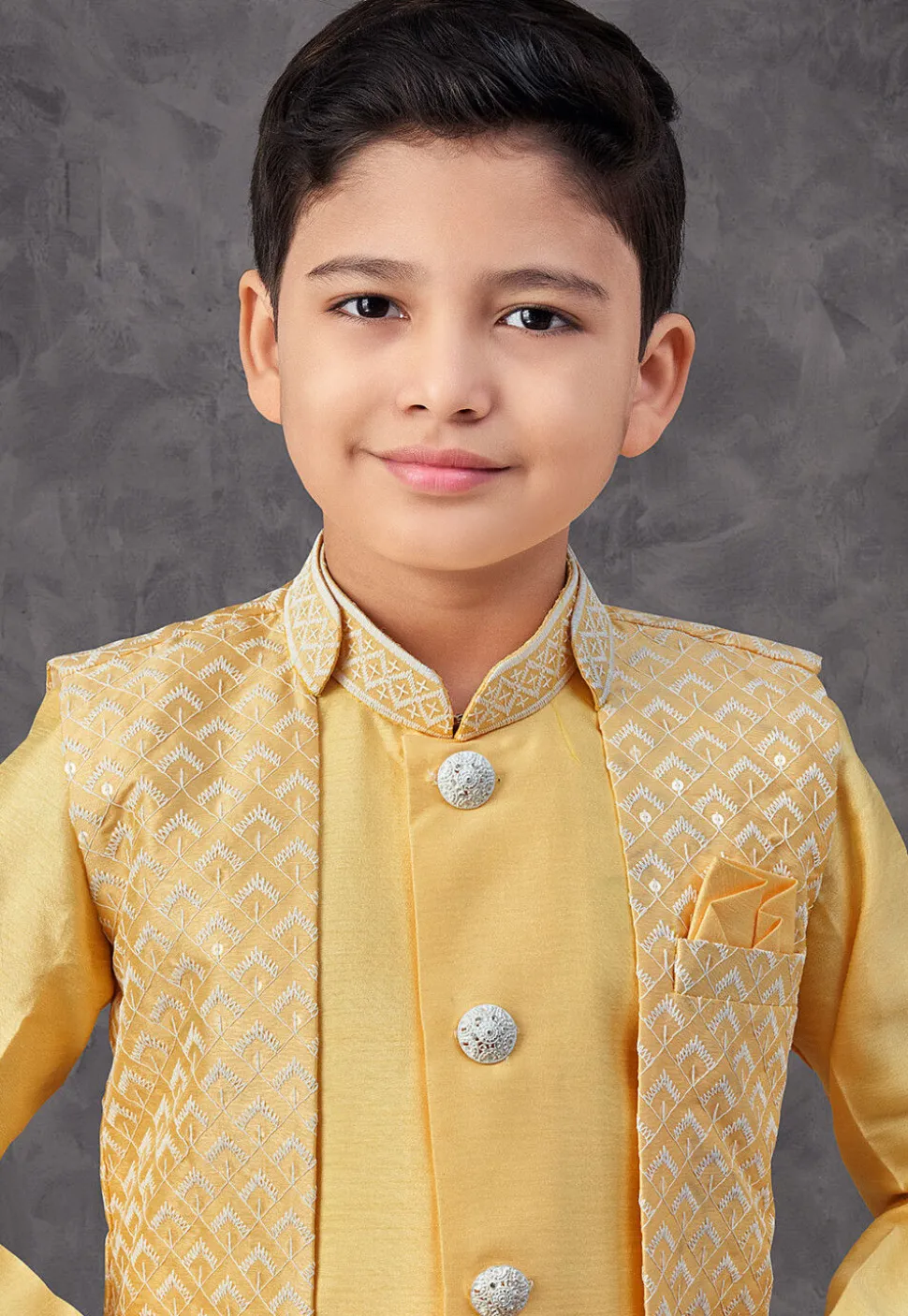 Embroidered Art Silk Sherwani in Yellow