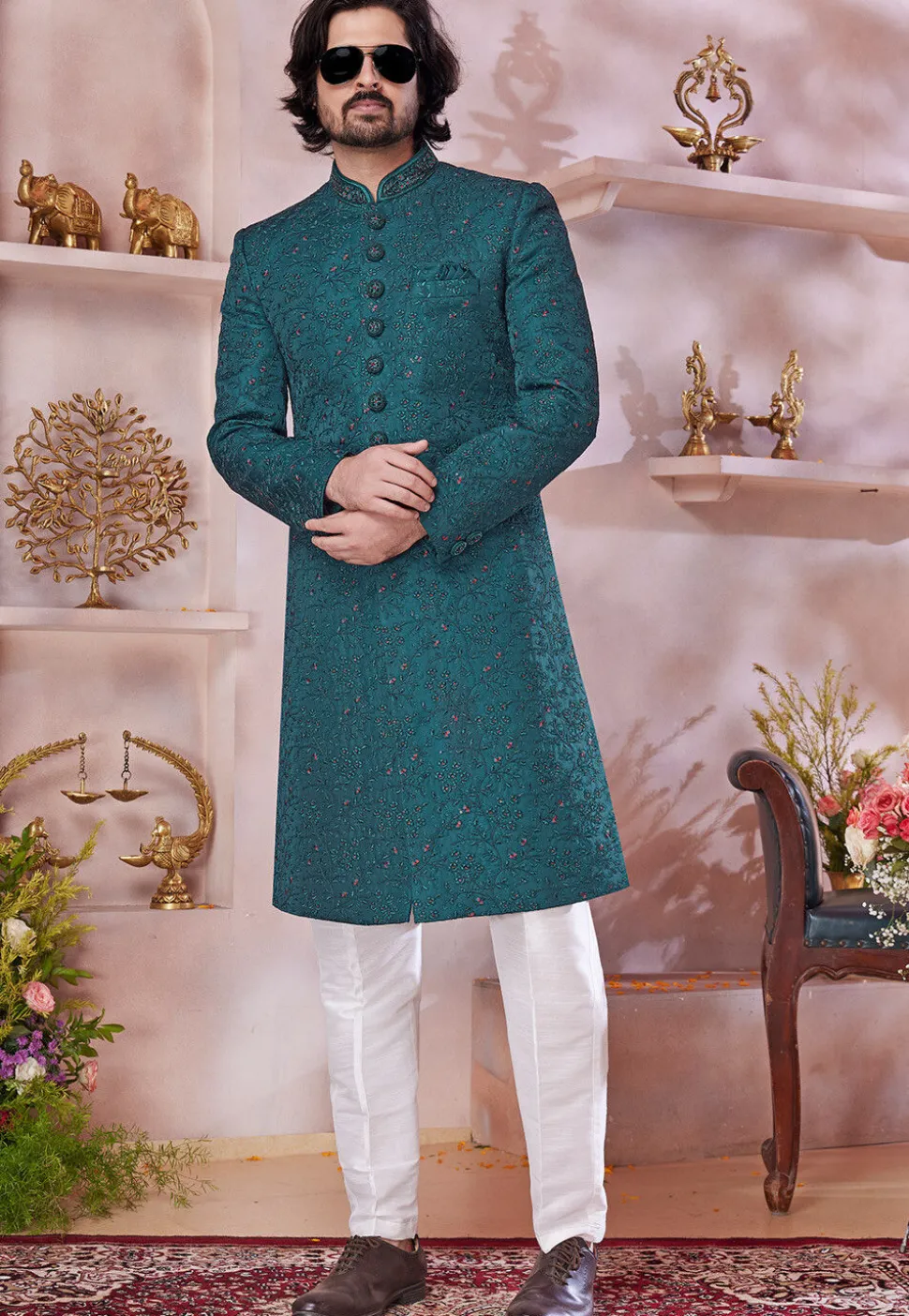 Embroidered Art Silk Sherwani in Teal Green