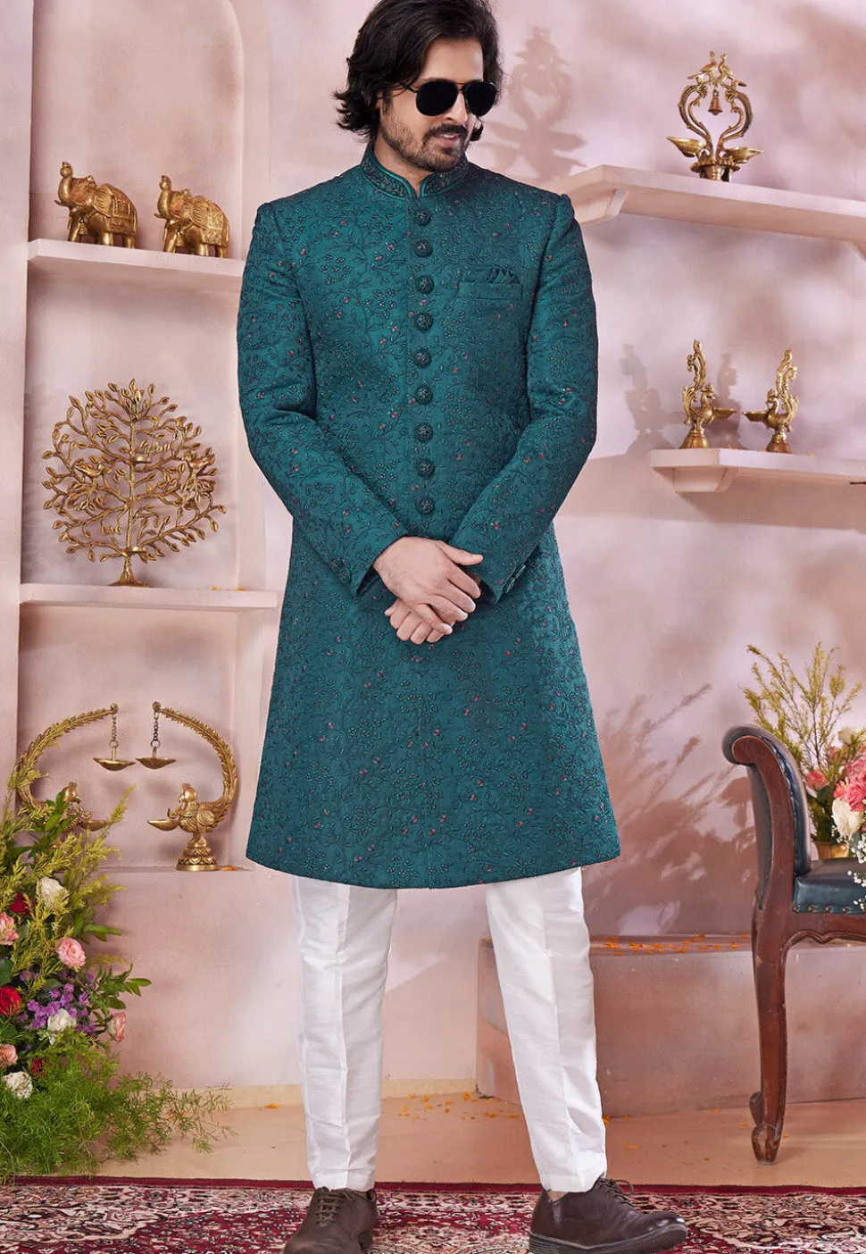 Embroidered Art Silk Sherwani in Teal Green
