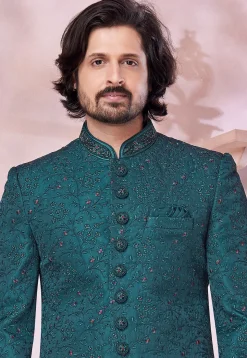 Embroidered Art Silk Sherwani in Teal Green
