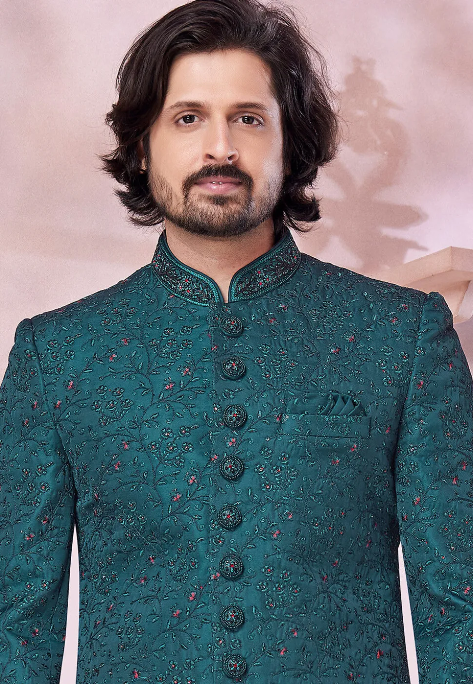Embroidered Art Silk Sherwani in Teal Green