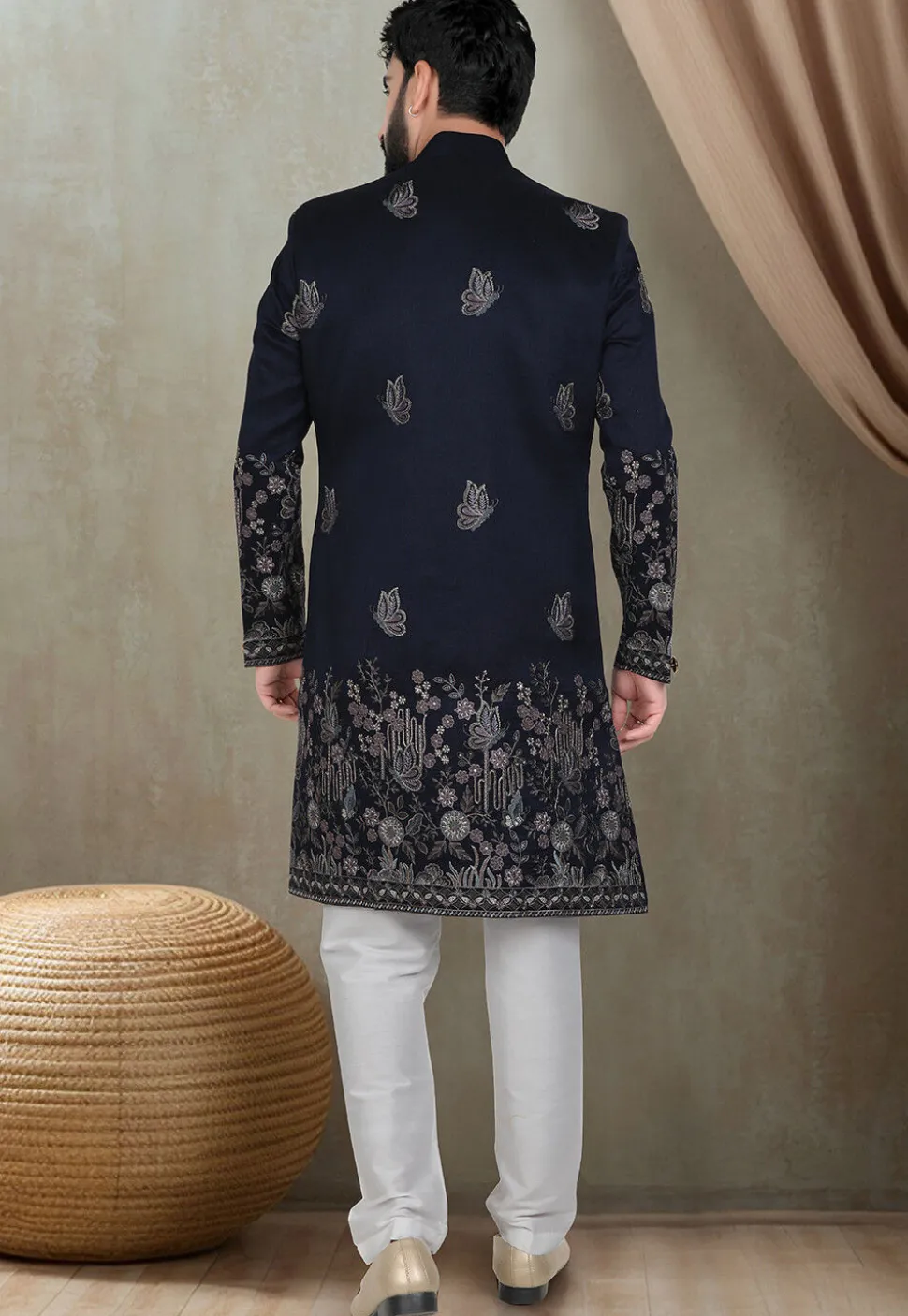 Embroidered Art Silk Sherwani in Navy Blue