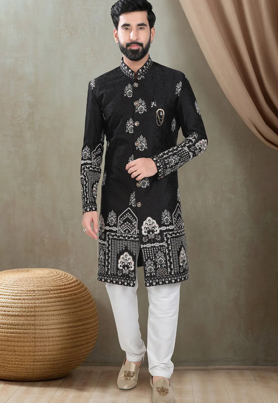 Embroidered Art Silk Sherwani in Black