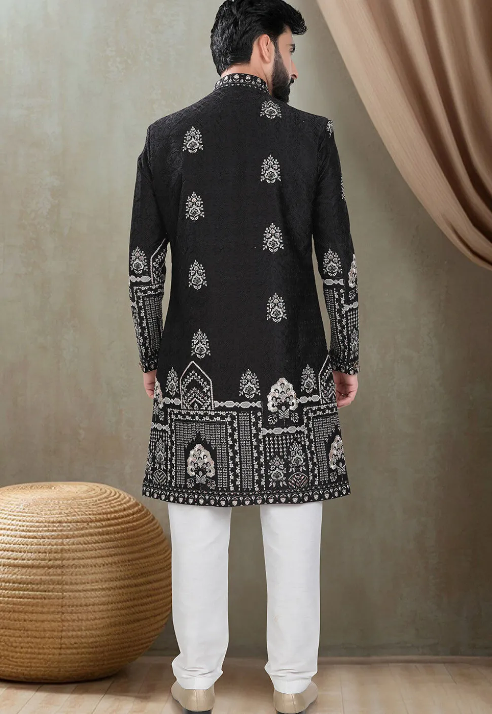 Embroidered Art Silk Sherwani in Black