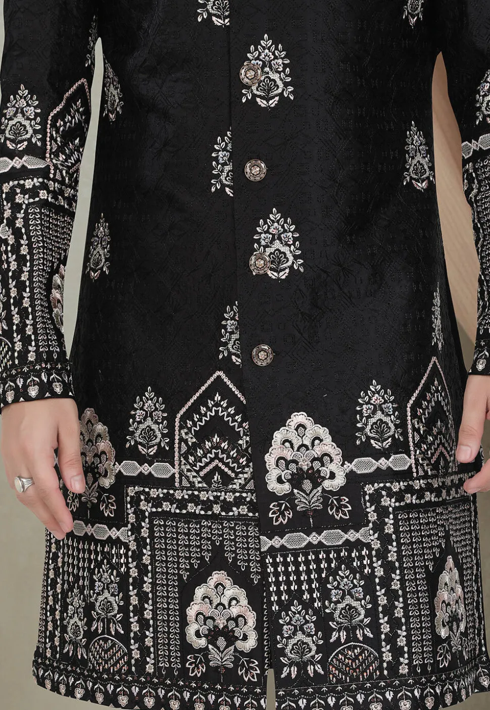 Embroidered Art Silk Sherwani in Black