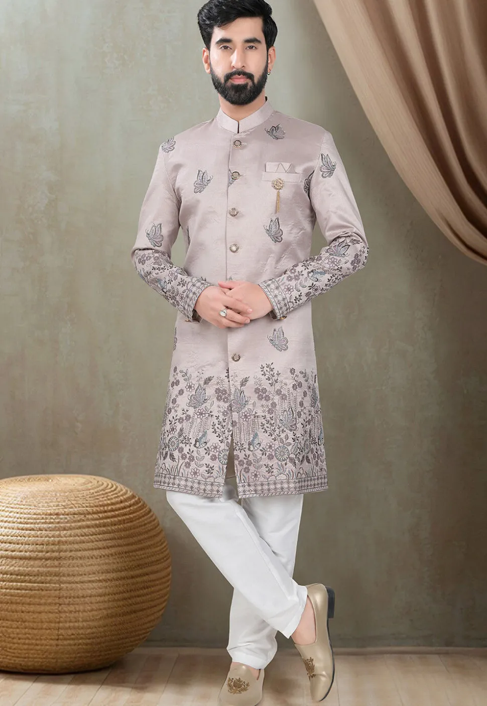 Embroidered Art Silk Sherwani in Light Purple