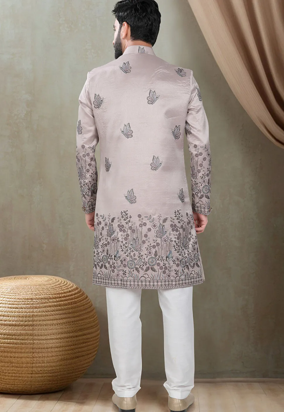 Embroidered Art Silk Sherwani in Light Purple