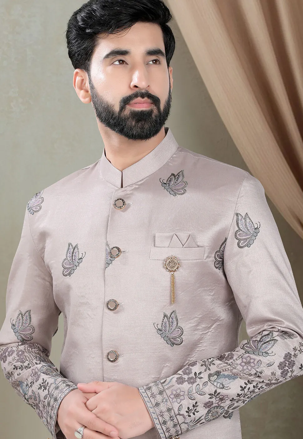 Embroidered Art Silk Sherwani in Light Purple