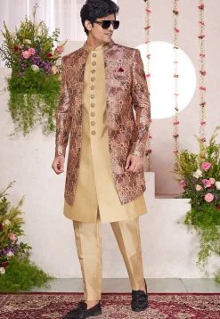 Embroidered Art Silk Sherwani in Beige