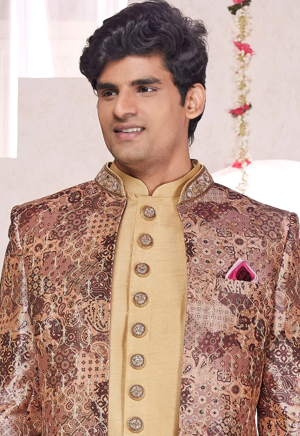 Embroidered Art Silk Sherwani in Beige