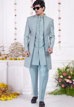 Embroidered Art Silk Sherwani in Light Blue