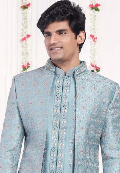 Embroidered Art Silk Sherwani in Light Blue