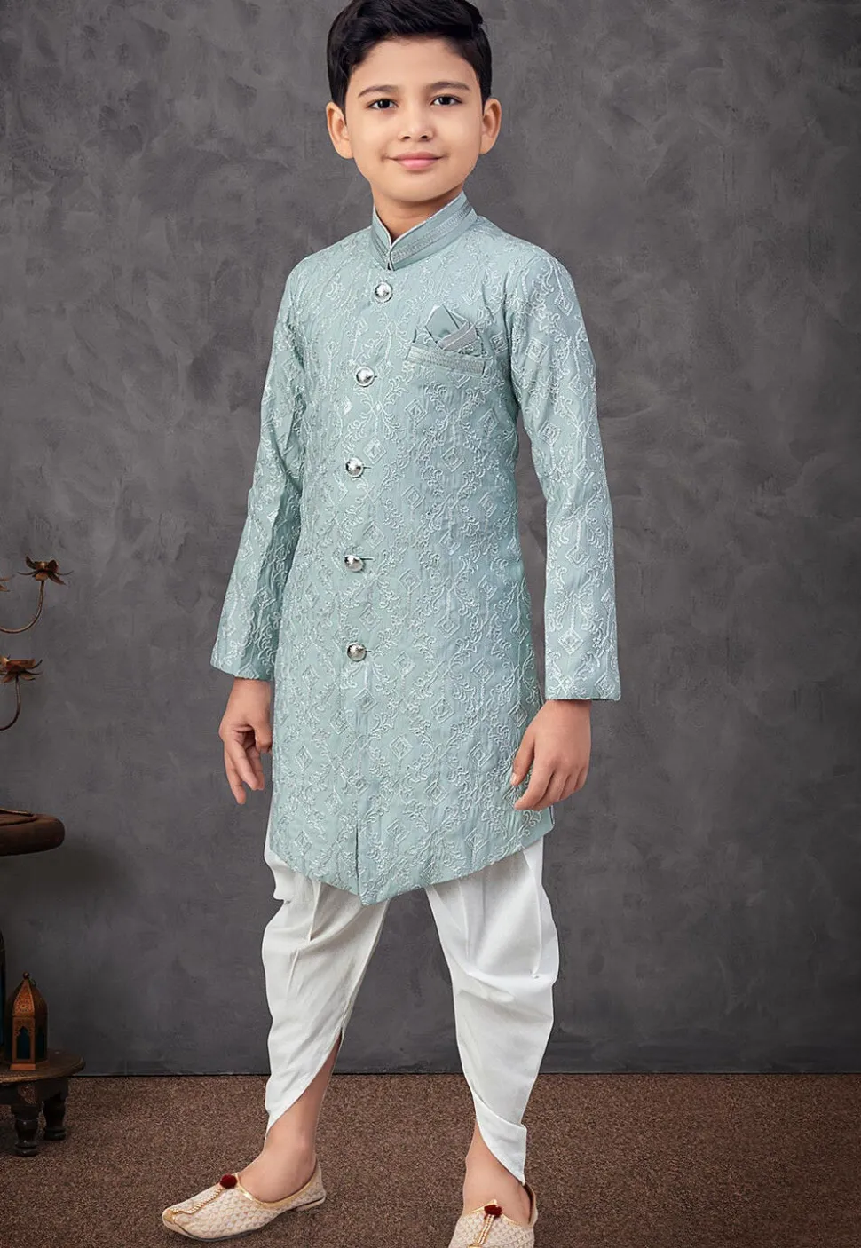 Embroidered Art Silk Sherwani in Light Blue