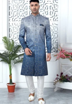 Embroidered Art Silk Sherwani in Blue Ombre