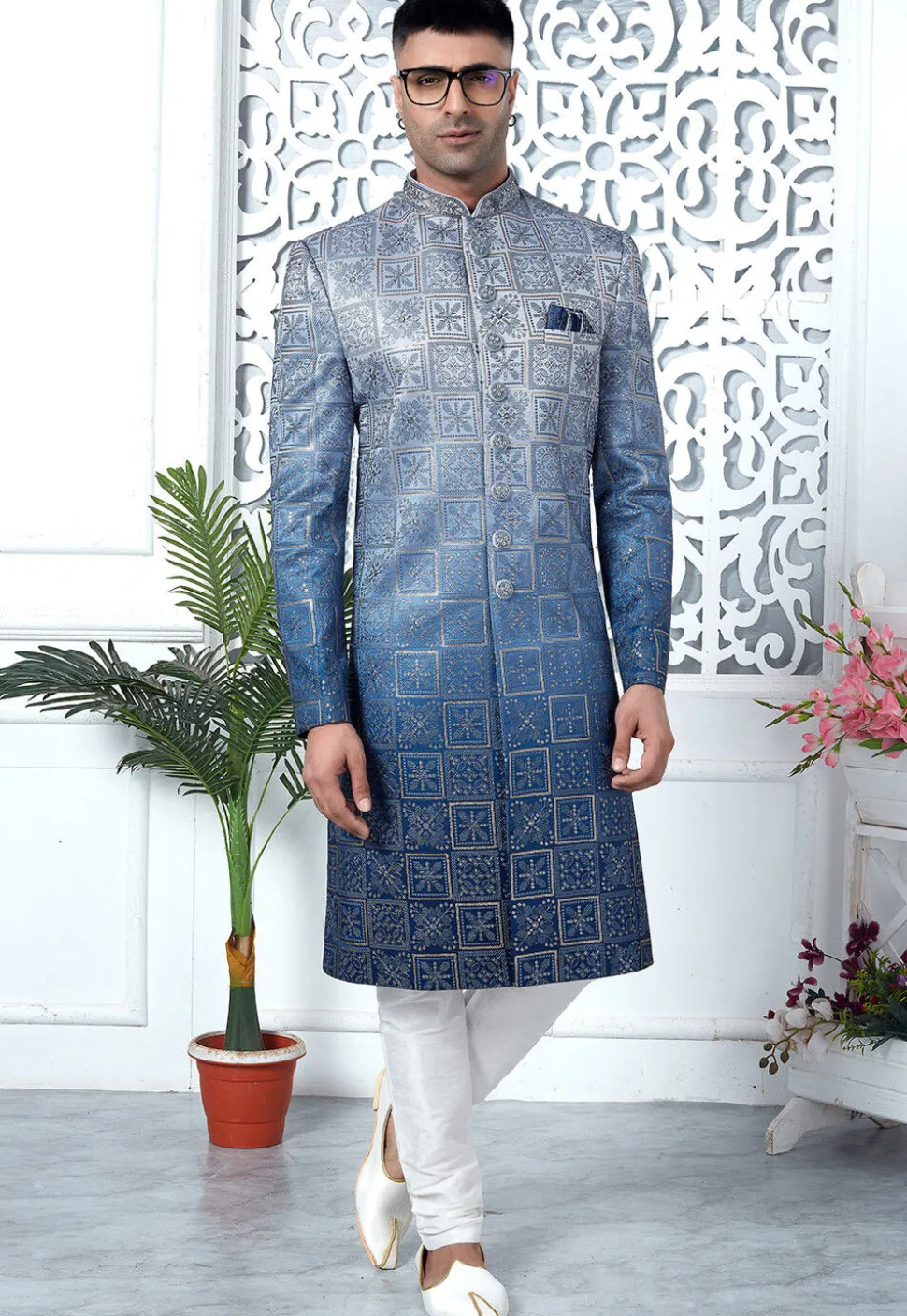 Embroidered Art Silk Sherwani in Blue Ombre