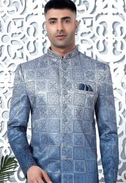 Embroidered Art Silk Sherwani in Blue Ombre