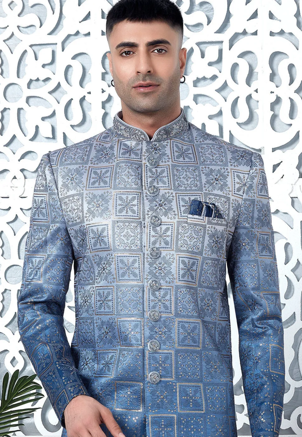 Embroidered Art Silk Sherwani in Blue Ombre