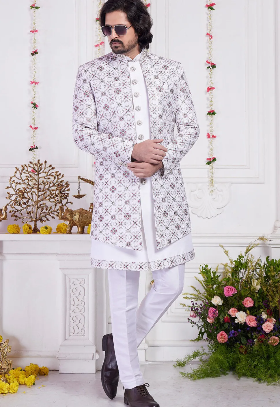Embroidered Art Silk Sherwani in Off White