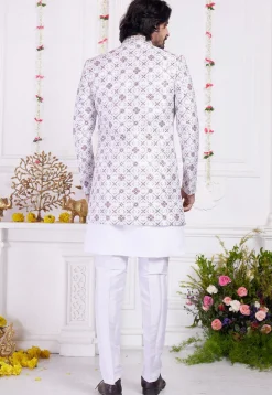 Embroidered Art Silk Sherwani in Off White
