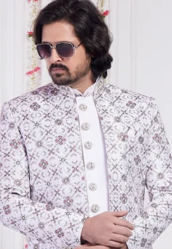 Embroidered Art Silk Sherwani in Off White