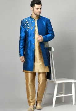 Embroidered Art Silk Sherwani in Royal Blue and Golden