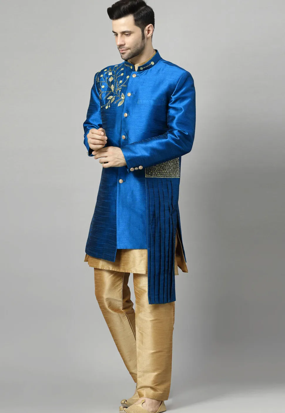 Embroidered Art Silk Sherwani in Royal Blue and Golden