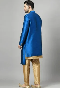 Embroidered Art Silk Sherwani in Royal Blue and Golden