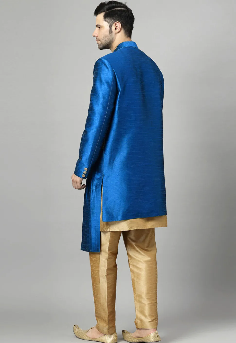Embroidered Art Silk Sherwani in Royal Blue and Golden