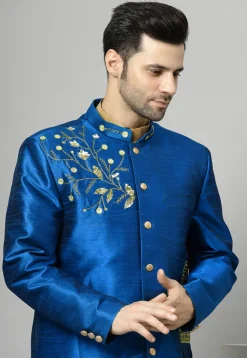 Embroidered Art Silk Sherwani in Royal Blue and Golden