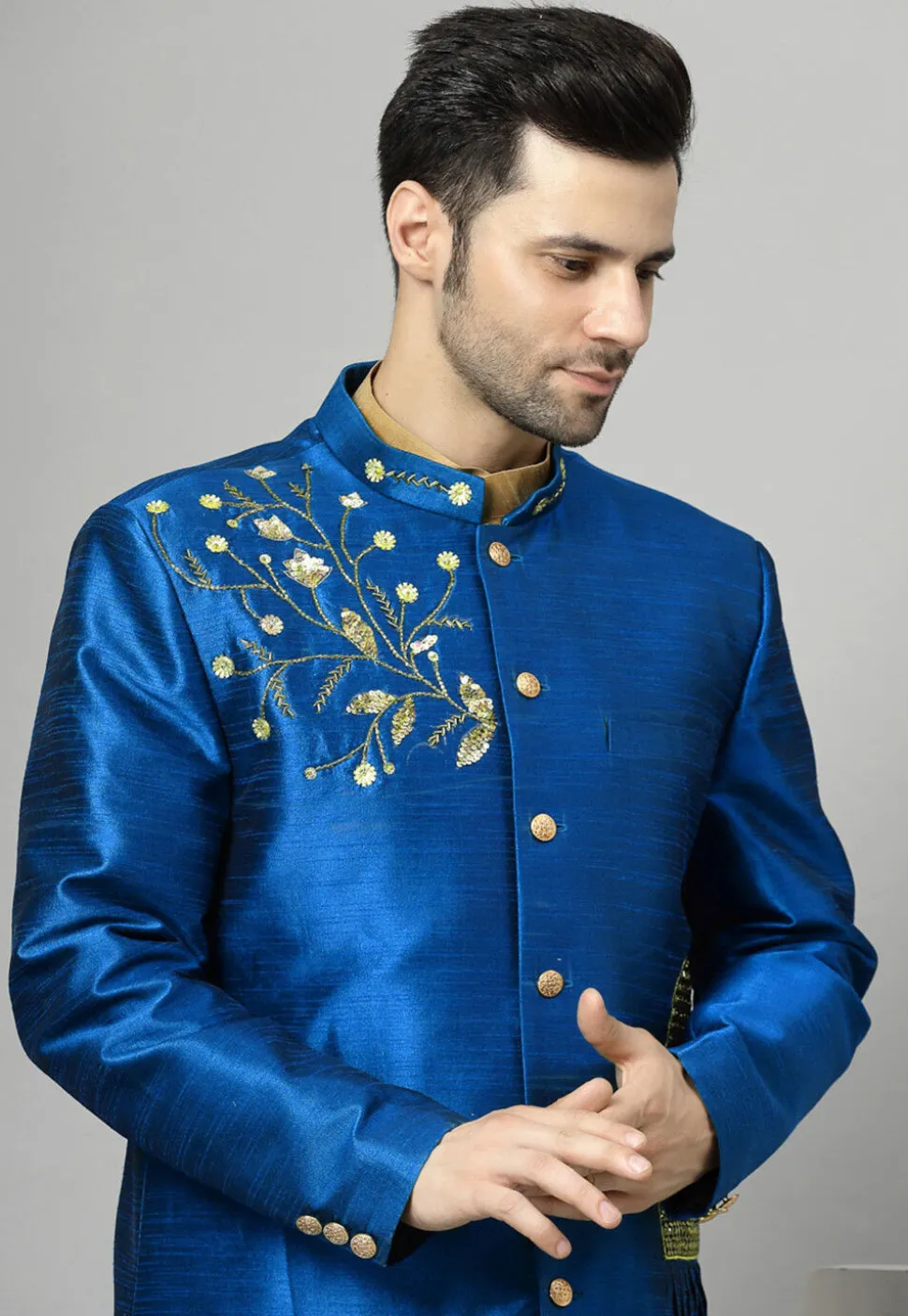 Embroidered Art Silk Sherwani in Royal Blue and Golden