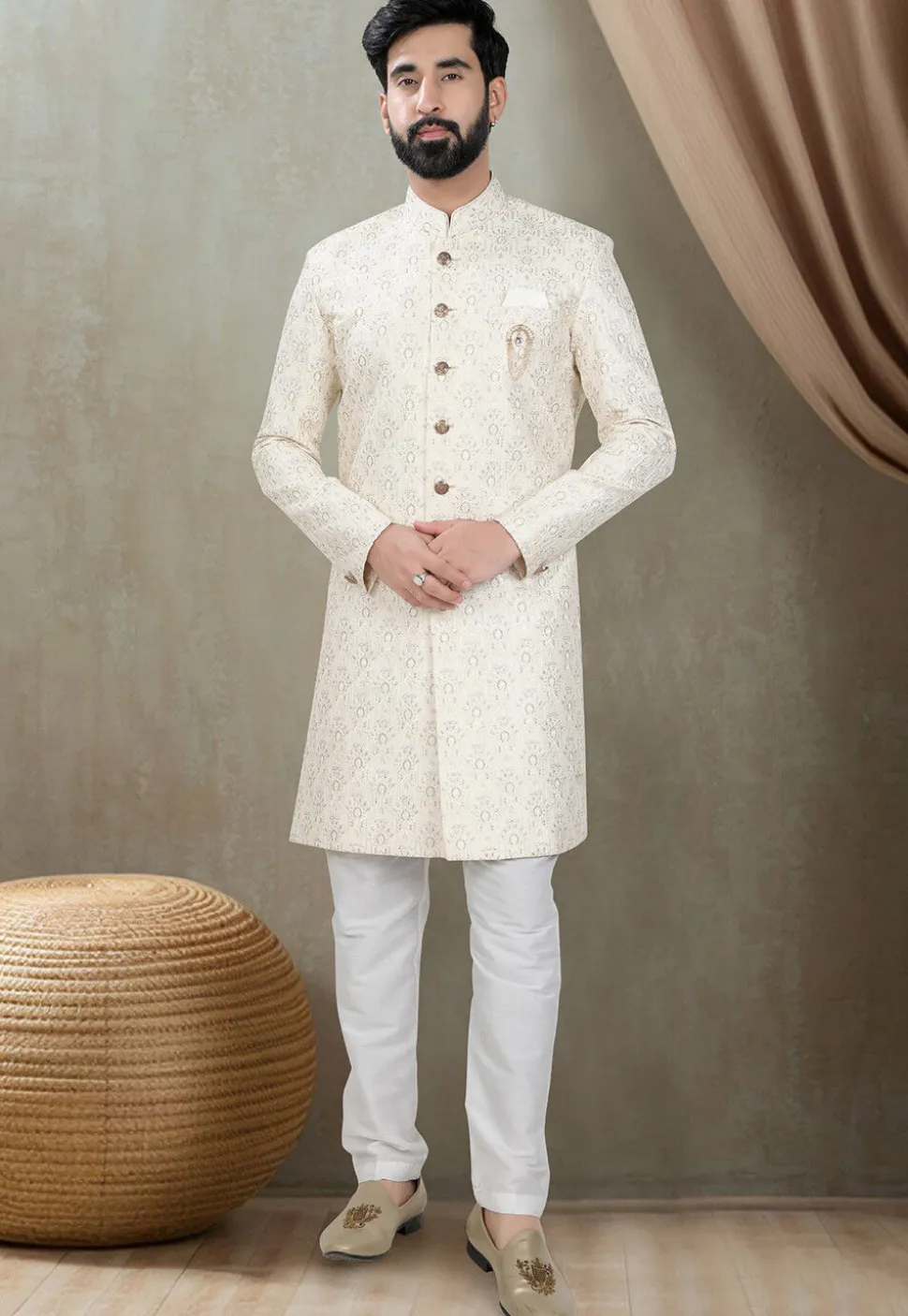 Embroidered Art Silk Sherwani in Off White