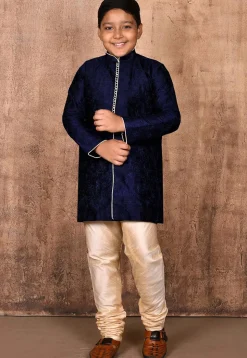 Embroidered Art Silk Sherwani Set in Navy Blue