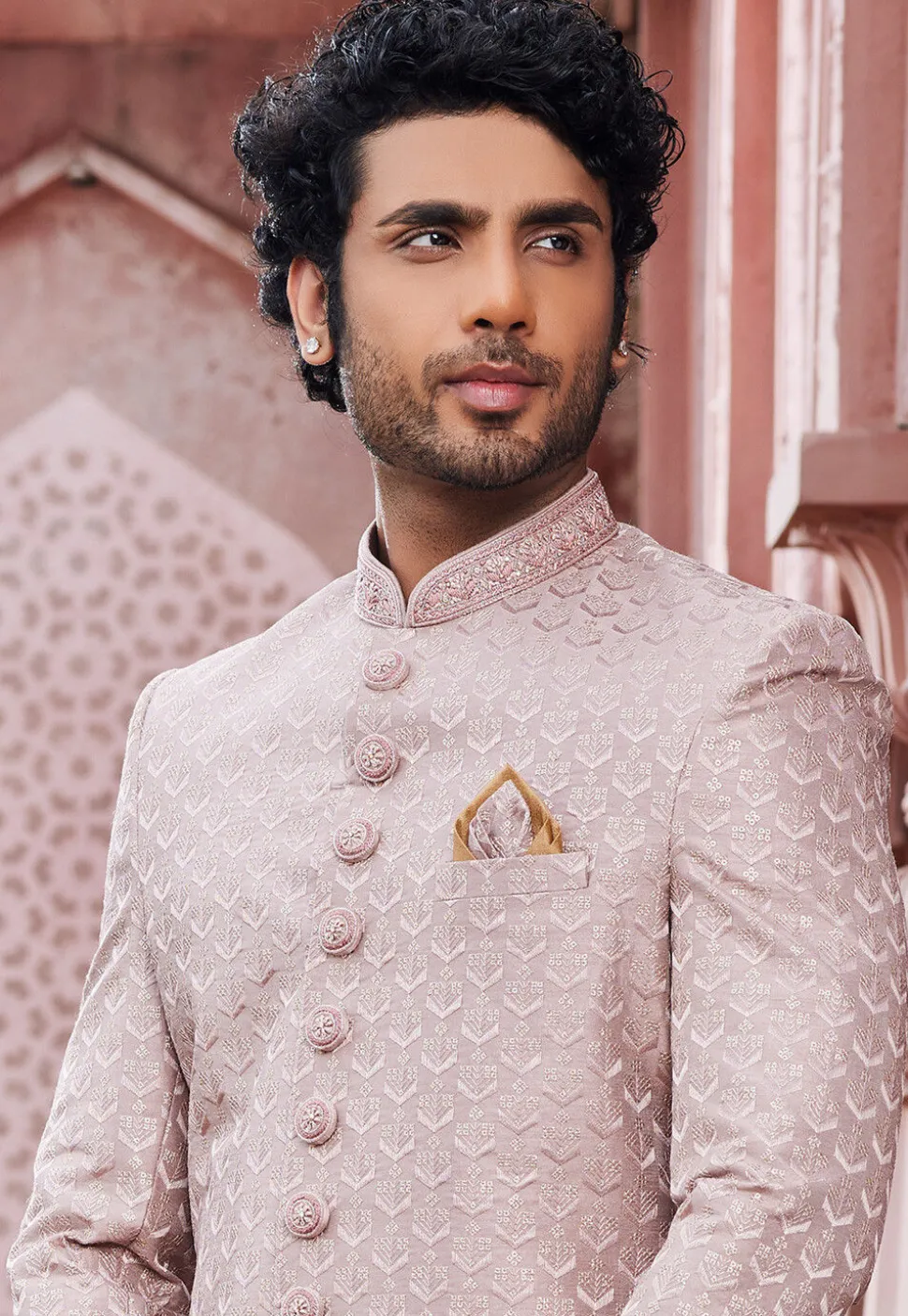 Embroidered Art Silk Sherwani in Peach