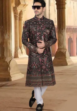 Embroidered Art Silk Sherwani in Black